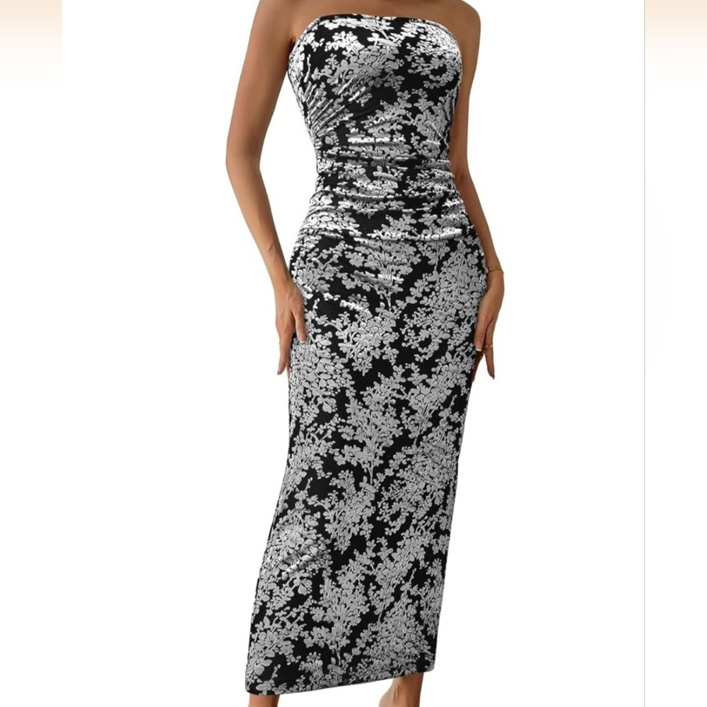 Chic Strapless Black and White Floral Dress